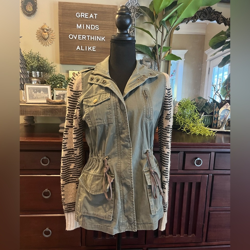 ModCloth Blu Pepper Olive Utility Jacket with Patterned Sweater Sleeves
